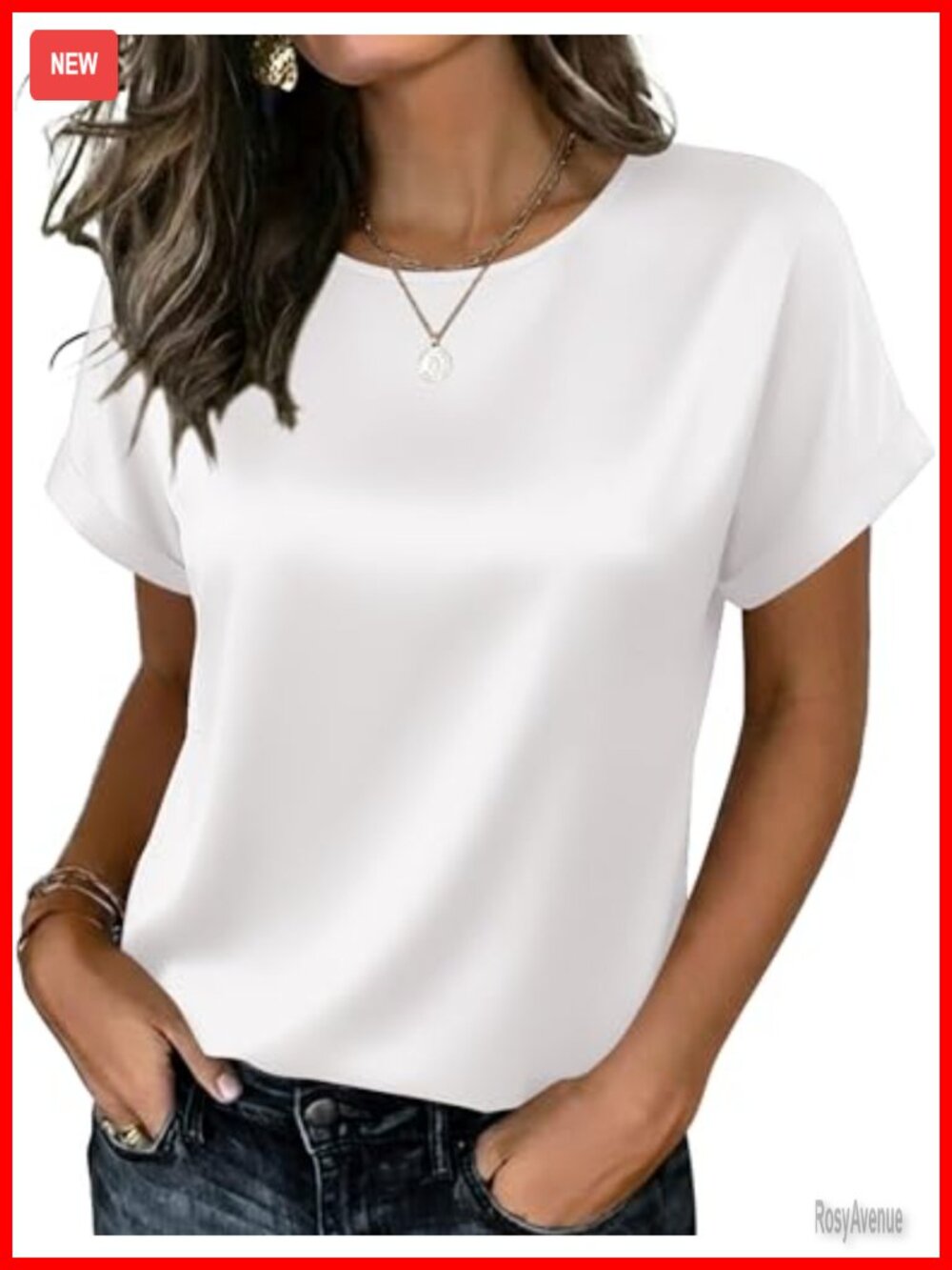 Satin Silk Blouse Short Sleeve Crewneck Dressy Casual Top for Women